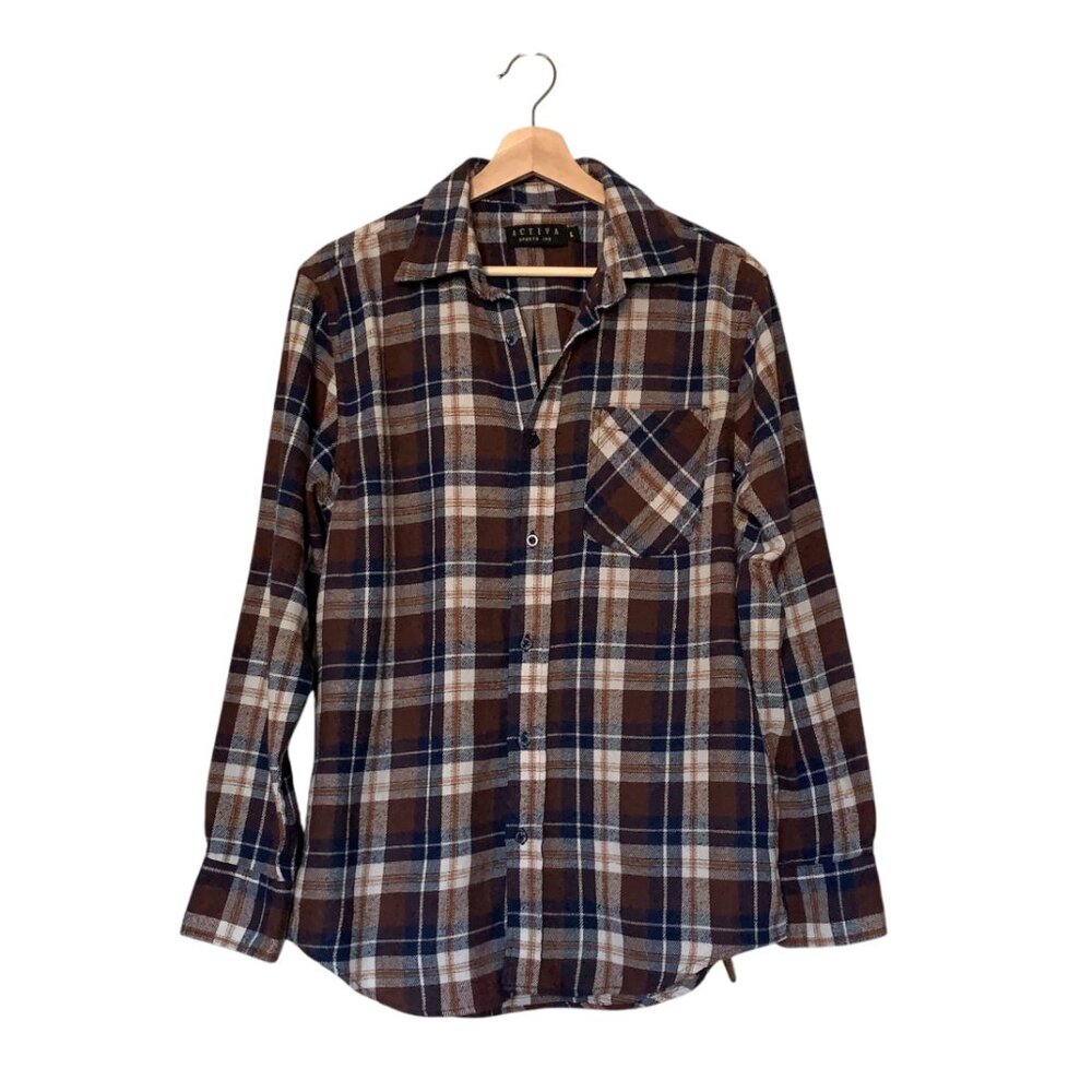 Activa Brown and Navy Blue Plaid Flannel Button Down Shirt